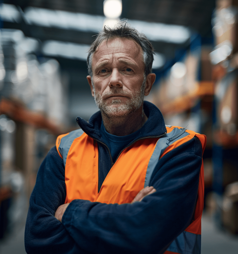 A middle-aged man with a beard wearing an orange safety vest, standing confidently with arms crossed in a warehouse setting.